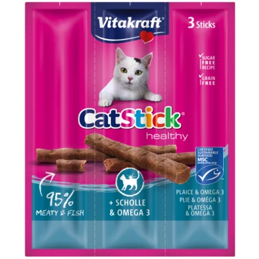 VITAKRAFT Cat Stick mini - aromatyczne i soczyste kabanosy dla kotów,  flądra i omega 3 3 szt.