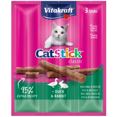 VITAKRAFT Cat Stick mini - aromatyczne i soczyste kabanosy dla kotów, kaczka i królik 3 szt.