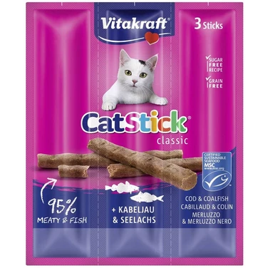 VITAKRAFT Cat Stick mini - aromatyczne i soczyste kabanosy dla kotów, dorsz i czarniak 3 szt