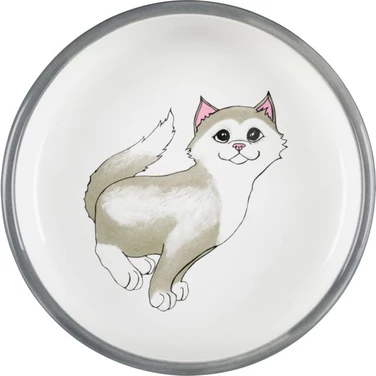 TRIXIE duża miska ceramiczna dla kota, szeroka i niska, biało-szara z nadrukiem 300ml - 2