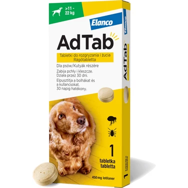 ELANCO AdTab 450 mg - tabletka na pchły i kleszcze dla psów o wadze 11 - 22 kg