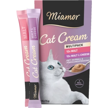MIAMOR Cat Cream Multipack Malt i Malt&Cheese - przysmak dla kota w formie kremu z serem i dodatkiem odkłaczacza 24x15 g