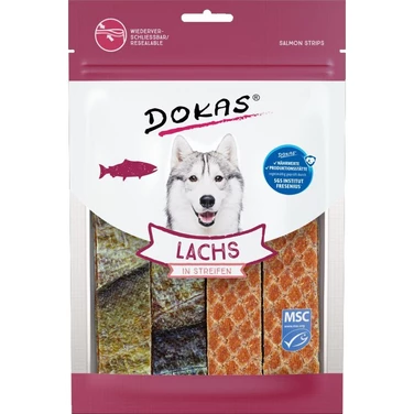 DOKAS suszony łosoś, miękkie i elastyczne paski z łososia ze skórą dla psa 100g