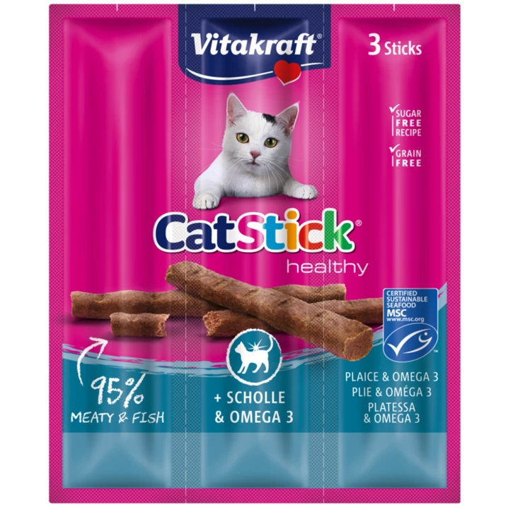 VITAKRAFT Cat Stick mini - aromatyczne i soczyste kabanosy dla kotów,  flądra i omega 3 3 szt.