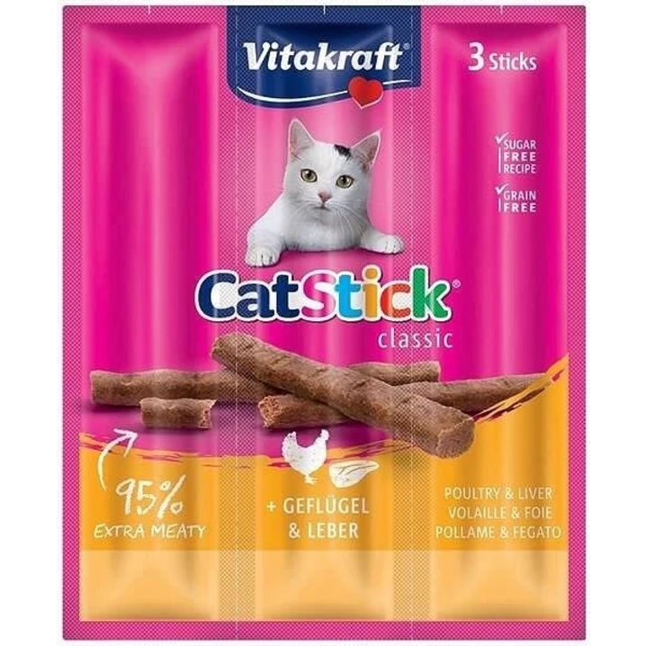VITAKRAFT Cat Stick mini - aromatyczne i soczyste kabanosy dla kotów, kurczak i wątróbka 3 szt.