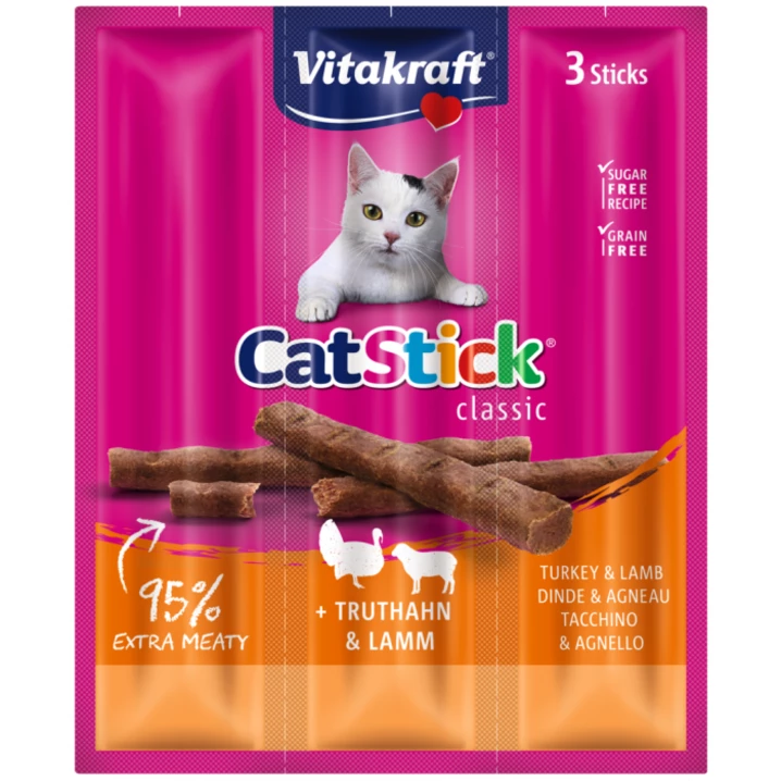 VITAKRAFT Cat Stick mini - aromatyczne i soczyste kabanosy dla kotów, indyk i jagnięcina 3 szt.