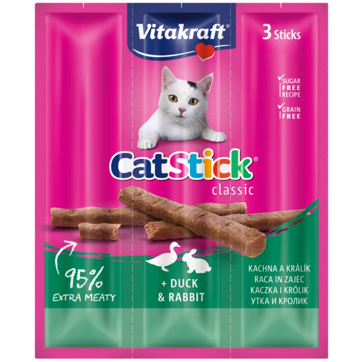 VITAKRAFT Cat Stick mini - aromatyczne i soczyste kabanosy dla kotów, kaczka i królik 3 szt.