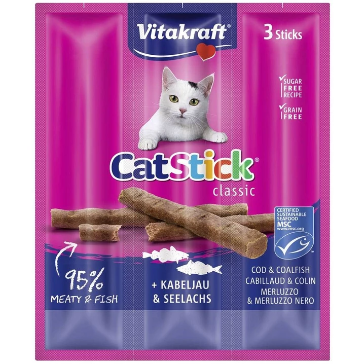 VITAKRAFT Cat Stick mini - aromatyczne i soczyste kabanosy dla kotów, dorsz i czarniak 3 szt