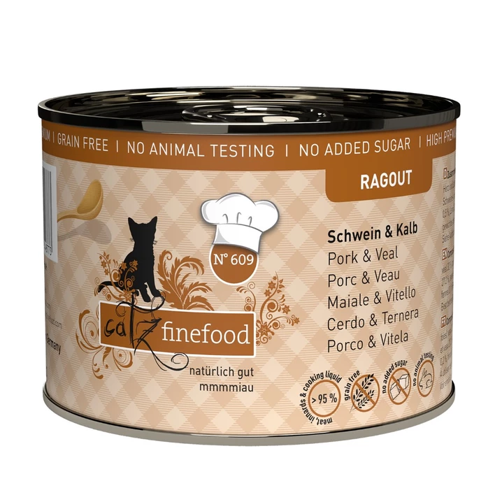 CATZ FINEFOOD Ragout - pełnoporcjowa, mokra karma dla kota, wieprzowina i cielęcina w sosie 180 g