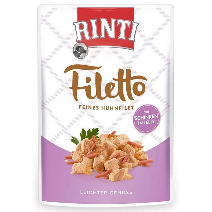 RINTI Filetto - pełnoporcjowa karma dla psa wybrednego, filety z kurczaka z szynką w galaretce 100 g