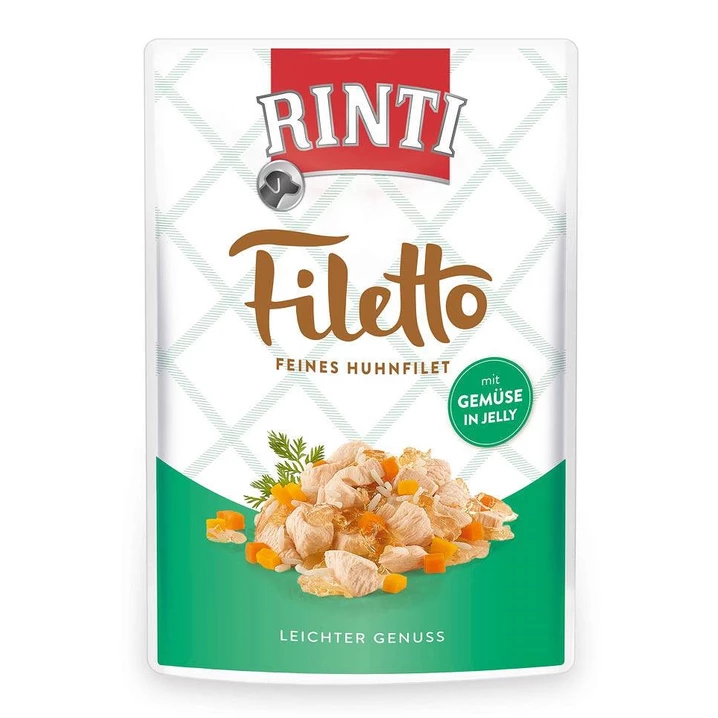 RINTI Filetto - pełnoporcjowa karma dla psa wybrednego, filety z kurczaka z warzywami w galaretce 100 g