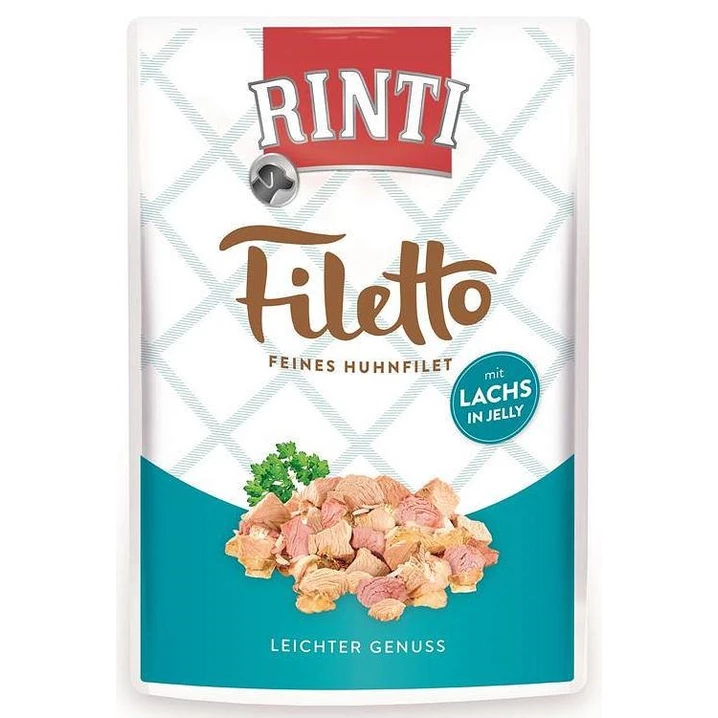 RINTI Filetto - pełnoporcjowa karma dla psa wybrednego, filety z kurczaka i łososia w galaretce 100 g