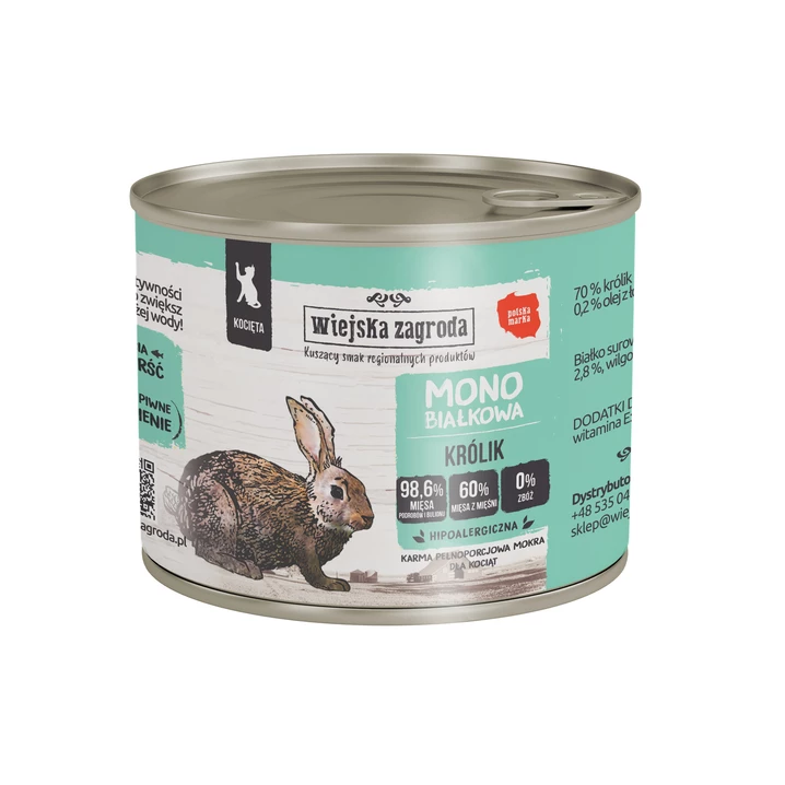 WIEJSKA ZAGRODA MONObiałkowa - pełnoporcjowa i wysokomięsna karma dla kociąt - królik 200 g