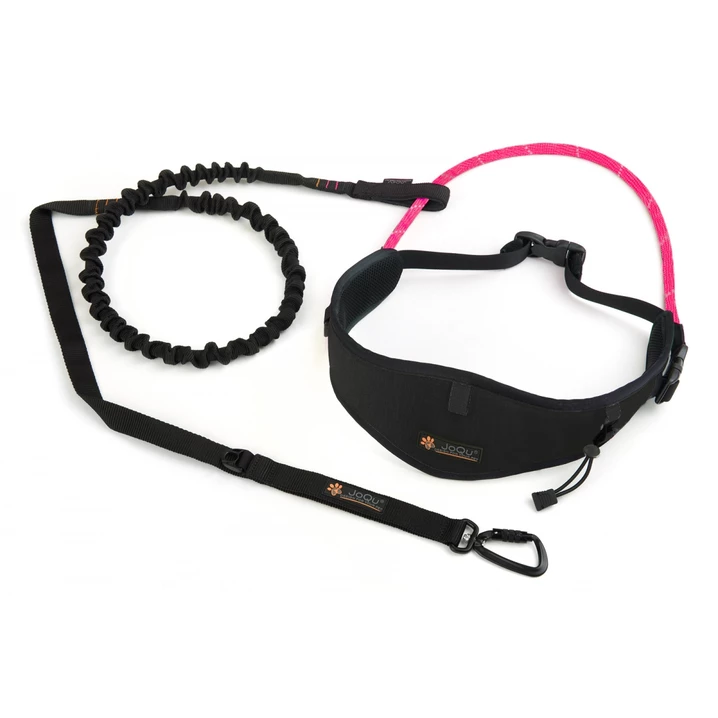 JOQU Canicross Belt + Canicross Rope Shock -  pas i lina z amortyzatorem do biegania z psem, czarny z różowym