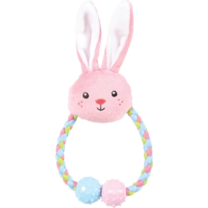 ZOLUX królik z piszczałką - delikatny gryzak dla szczeniaka ze sznurkiem i gumowymi piłkami