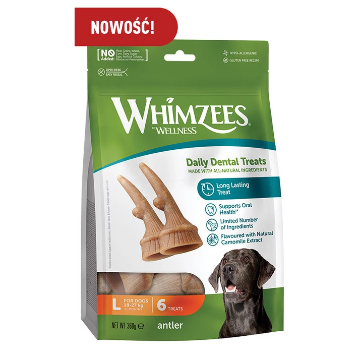 WHIMZEES Antler - gryzaki dentystyczne w kształcie rogu dla dużych psów L 6 sztuk