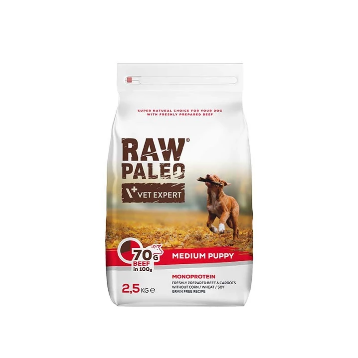 RAW PALEO Medium Puppy - monoproteinowa, sucha karma dla szczeniąt ras średnich, wołowina 2,5kg