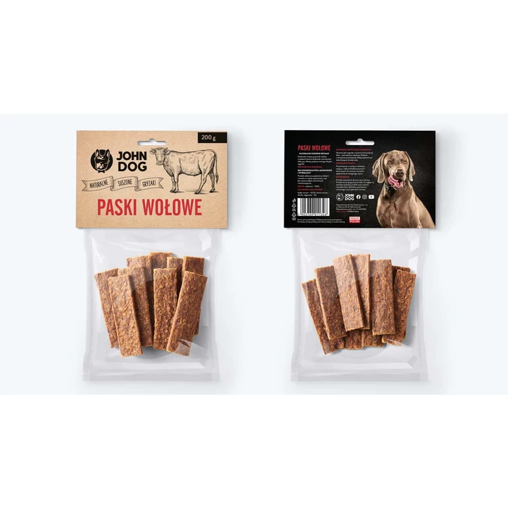 JOHN DOG paski z wołowiny, zdrowa przekąska dla psów dorosłych i szczeniąt, 100% mięsa, 200 g