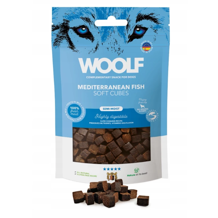 WOOLF Soft Cubes - wysokomięsne smakołyki dla psa, miękkie kosteczki z ryb śródziemnomorskich 100 g