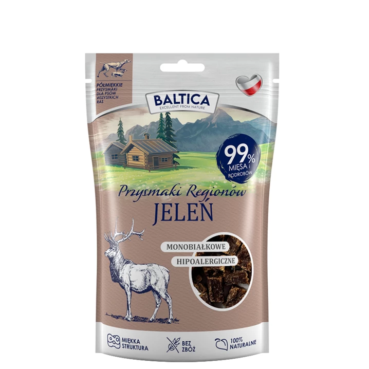 BALTICA Przysmaki Regionów - monobiałkowe smakołyki dla psa, półmiękkie kosteczki z jelenia 80g