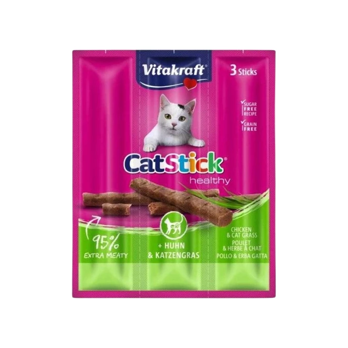 VITAKRAFT Cat Stick mini - aromatyczne i soczyste kabanosy dla kotów, kurczaki trawa 3 szt.