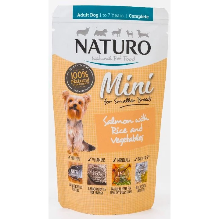 NATURO Mini - mokra karma dla dorosłych psów o delikatnym składzie, łosoś z ryżem i warzywami 150 g