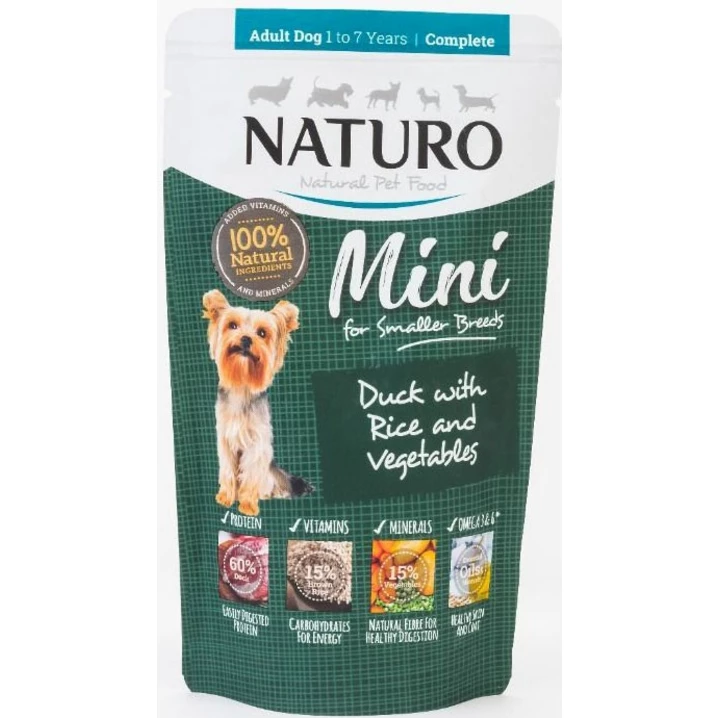 NATURO Mini - mokra karma dla dorosłych psów o delikatnym składzie, kaczka z ryżem i warzywami 150 g