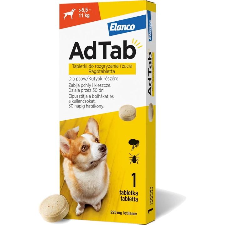 ELANCO AdTab 225 mg - tabletka na pchły i kleszcze dla psów o wadze 5,5 kg - 11 kg
