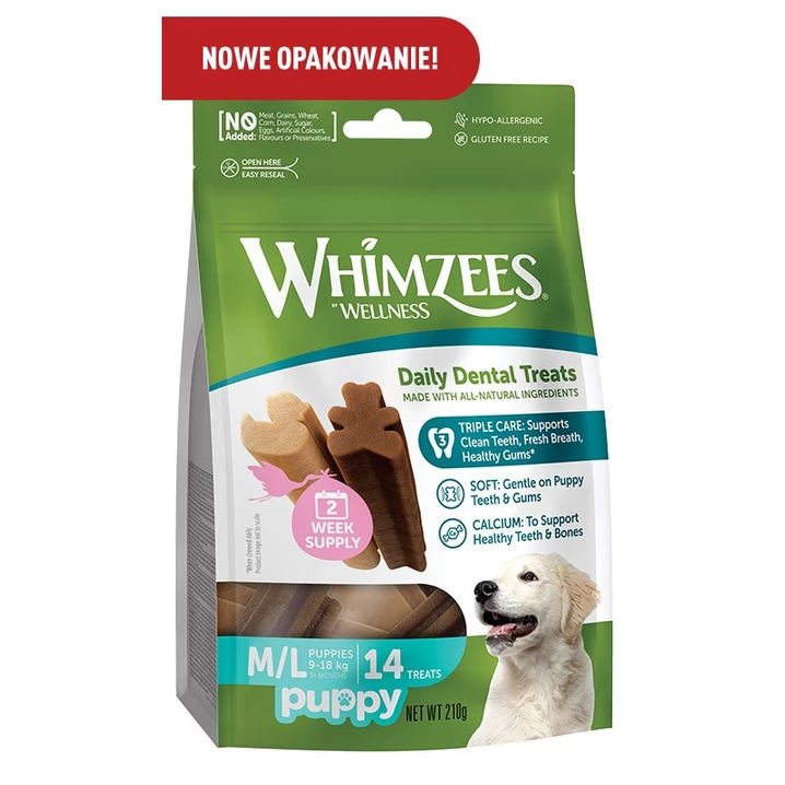 WHIMZEES Puppy - gryzaki dentystyczne dla szczeniąt wzbogacone w wapń M/L 14 sztuk