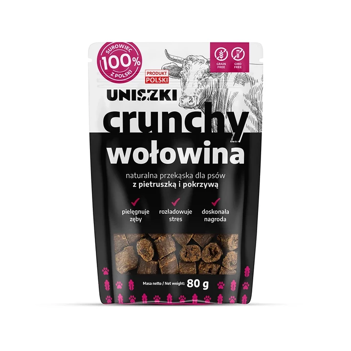 UNISZKI Crunchy - naturalna przekąska dla psa z wołowiny, pietruszki i pokrzywy 80g