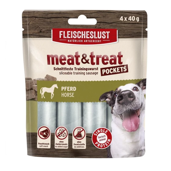 MEATLOVE Meat&Treat Pockets - przekąska w formie kiełbasek do krojenia, konina 4 x 40 g