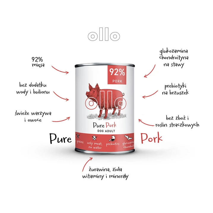 OLLO Pure Pork - mokra karma dla psa o bardzo wysokiej zawartości mięsa mięśniowego, czysta wieprzowina - 3