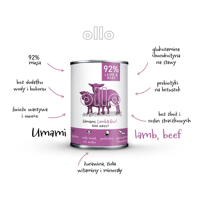 OLLO Umami Lamb&Beef - mokra karma dla psa o bardzo wysokiej zawartości mięsa mięśniowego, jagnięcina z wołowiną 400g - 3
