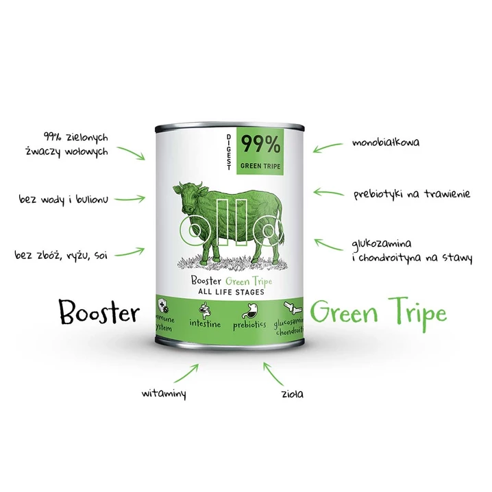 OLLO Booster Digest Green Tripe - uzupełniająca, mokra karma dla psa z zielonymi żwaczami wołowymi 400g - 3