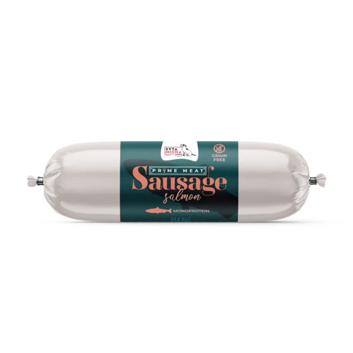 SYTA MICHA Prime Meat - wysokomięsna kiełbaska treningowa dla psa, łosoś 80g