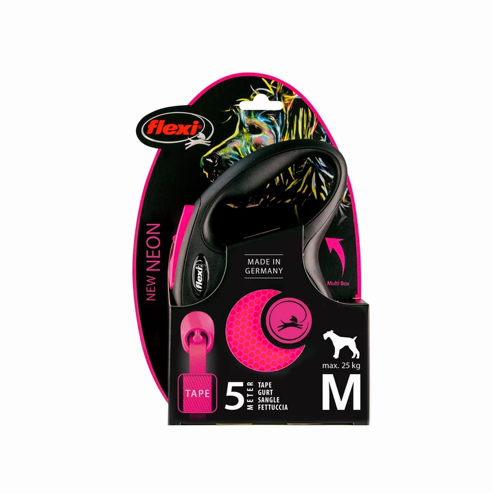 FLEXI New Classic Neon M - smycz automatyczna z taśmą dla psa o wadze do 25 kg, 5 metrów, różowy neon - 2