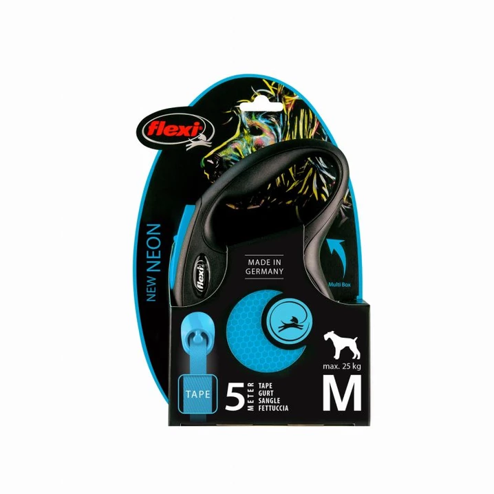 FLEXI New Classic Neon M - smycz automatyczna z taśmą dla psa o wadze do 25 kg, 5 metrów, niebieski neon - 2