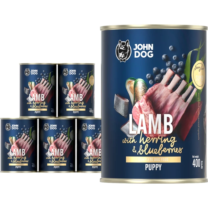 JOHN DOG Berry Line Junior - bezzbożowa mokra karma dla szczeniąt - jagnięcina ze śledziem 400 g