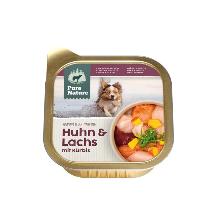 PURE NATURE DOG Huhn, Lachs - wysokomięsna, mokra karma dla psów dorosłych,  kurczak i łosoś z dynią 150g