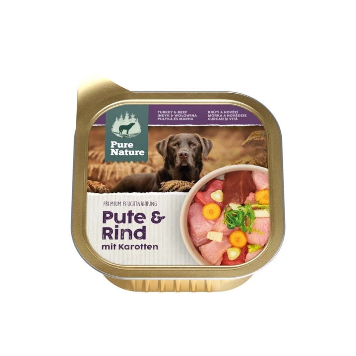 PURE NATURE DOG Pute, Rind - wysokomięsna, mokra karma dla psów dorosłych, indyk i wołowina z marchewką 150g