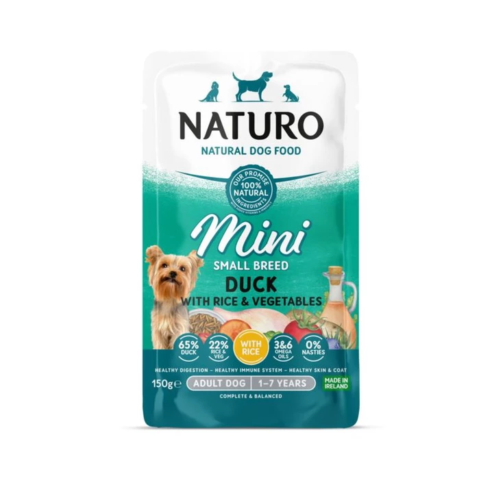 NATURO Mini - mokra karma dla dorosłych psów o delikatnym składzie, kaczka z ryżem i warzywami 150g