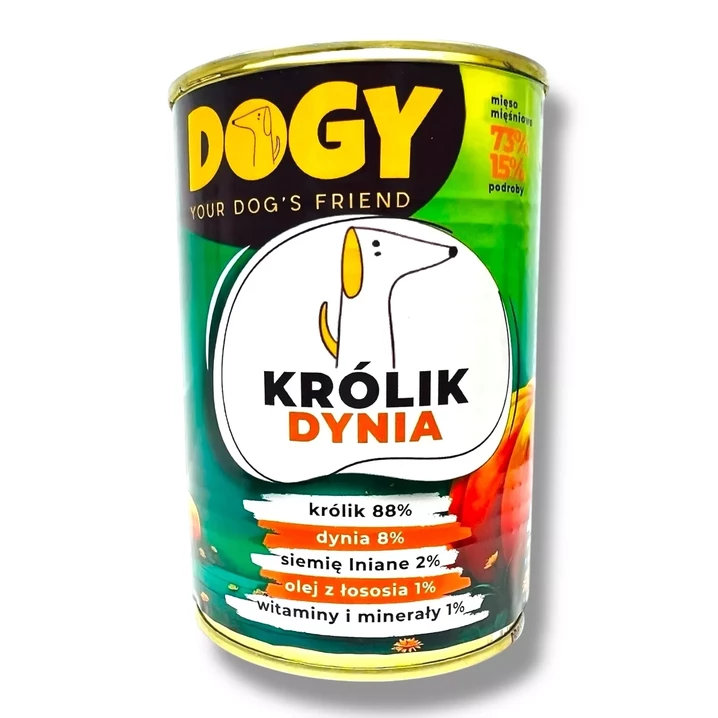 DOGY monobiałkowa, wysokomięsna, mokra karma dla psa, królik z dynią 400g