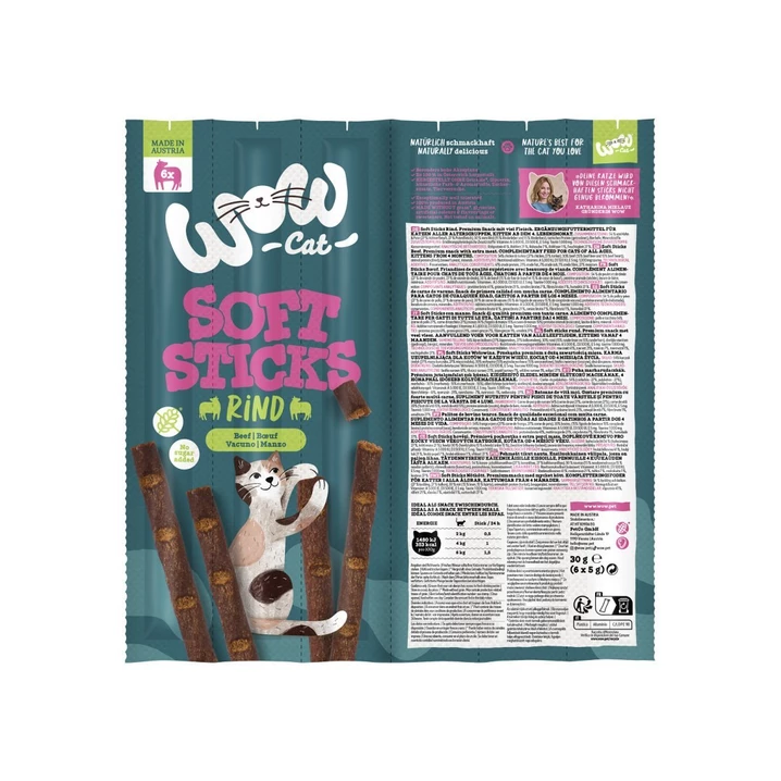 WOW CAT Soft Sticks Rind - miękkie, mięsne kabanosy dla kota, drób z wołowiną 6 szt. 30g - 2