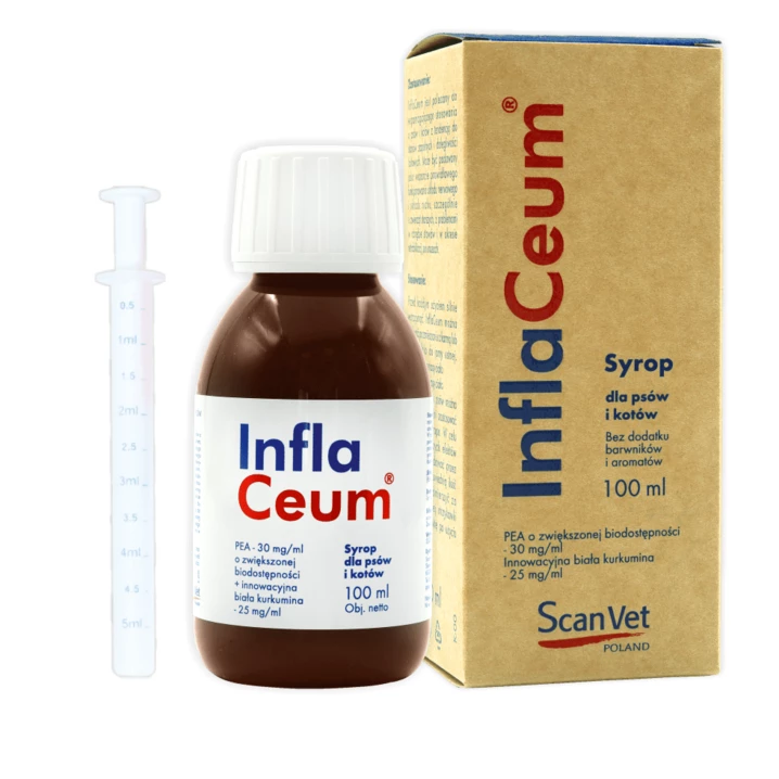 SCANVET InflaCeum - syrop dla psów i kotów z PEA i kurkuminą, wsparcie w walce z bólem i stanami zapalnymi 100ml