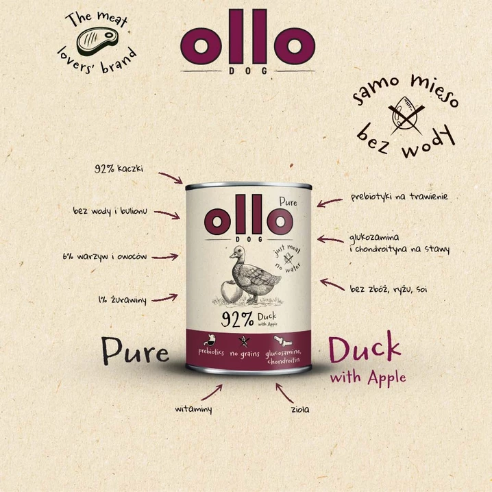 OLLO Pure Duck - mokra karma dla psa o bardzo wysokiej zawartości mięsa mięśniowego, kaczka z jabłkiem 400g - 3