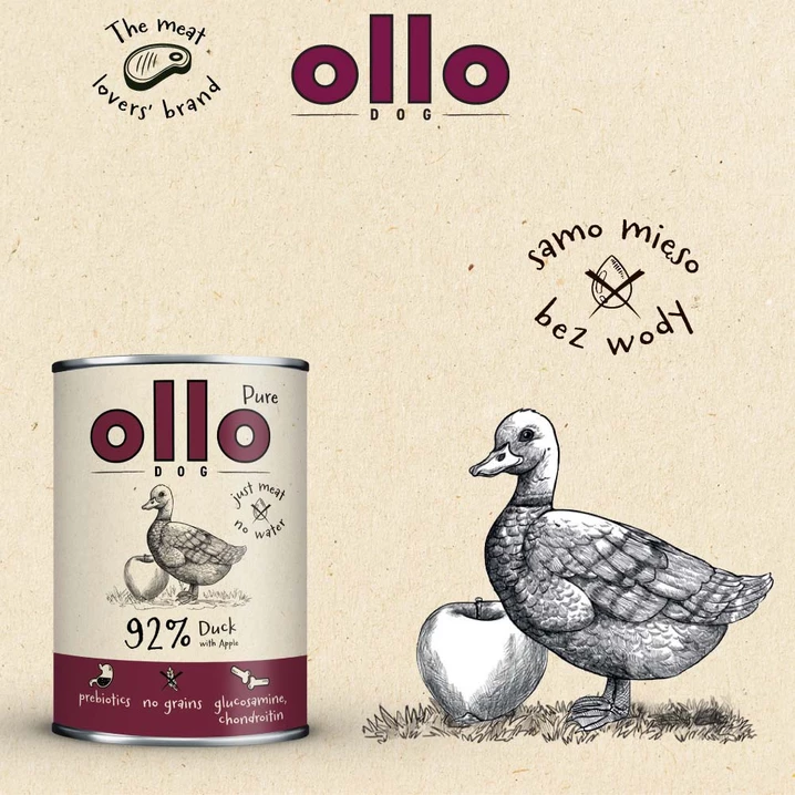 OLLO Pure Duck - mokra karma dla psa o bardzo wysokiej zawartości mięsa mięśniowego, kaczka z jabłkiem 400g - 4