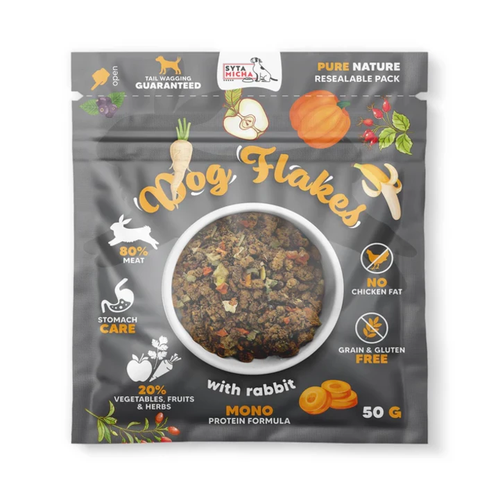 SYTA MICHA Dog flakes - niskotłuszczowa karma dla psa, odpowiednia także dla psów na diecie BARF, 80% mięsa królika 50g