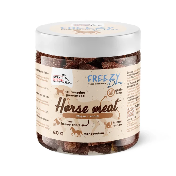 SYTA MICHA Freezy Pure - liofilizowana konina dla psów, 100% mięsa w formie kruchych, aromatycznych smakołyków 80g