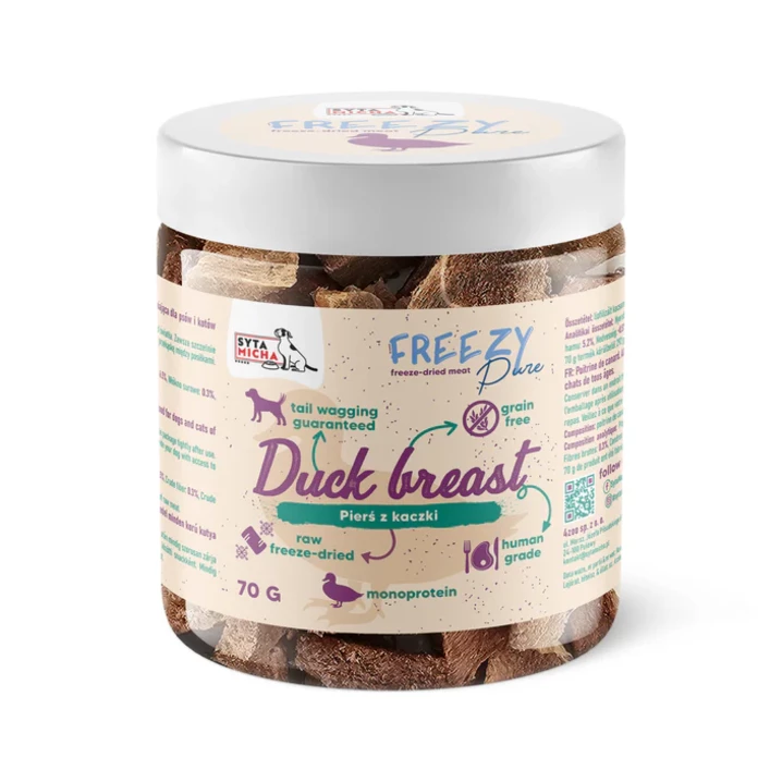 SYTA MICHA Freezy Pure - liofilizowana kaczka dla psów, 100% mięsa w formie kruchych, aromatycznych smakołyków 70g