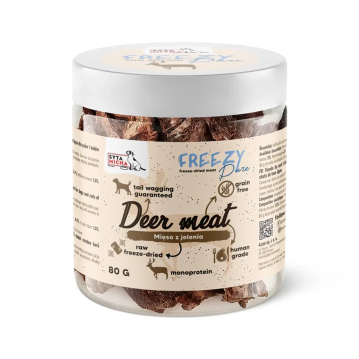 SYTA MICHA Freezy Pure - liofilizowany jeleń dla psów, 100% mięsa w formie kruchych, aromatycznych smakołyków 80g